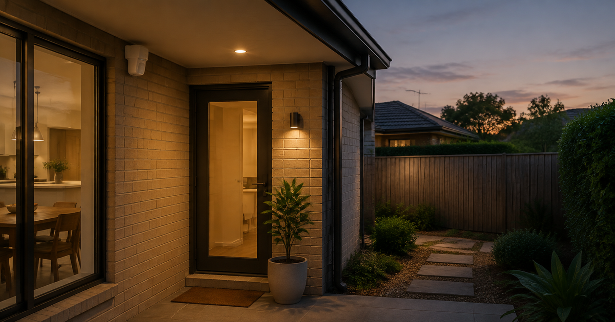 Australian back door protected by a porch light, clear rear path and wireless motion-triggered barking sound