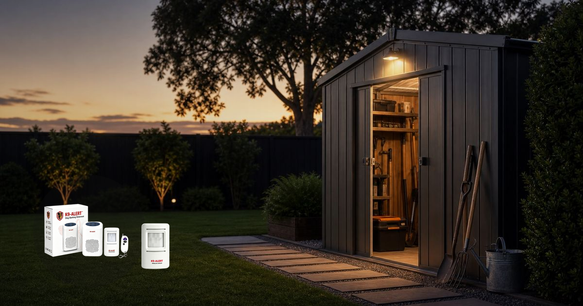 Australian backyard with a locked side gate, clear path, sensor lighting and a local barking sound layer