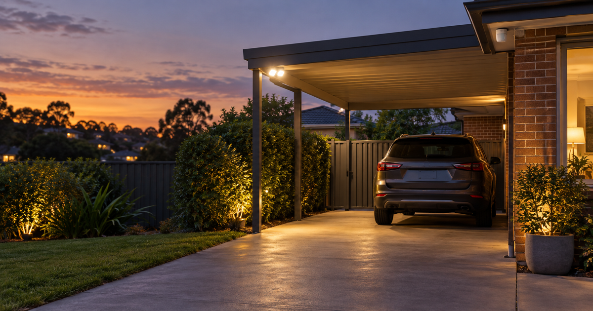 Australian carport protected by sensor lighting, a locked vehicle and a wireless motion-triggered barking sound layer