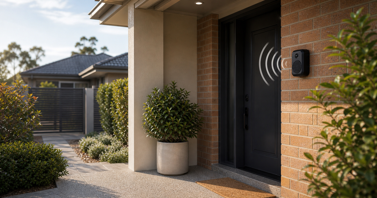 Australian front entry with a motion-triggered fake dog barking device sounding near the door
