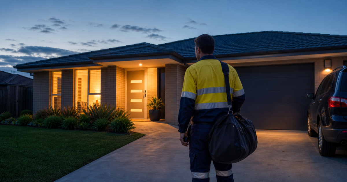 FIFO worker in high-visibility clothing leaving a lit Australian home before dawn