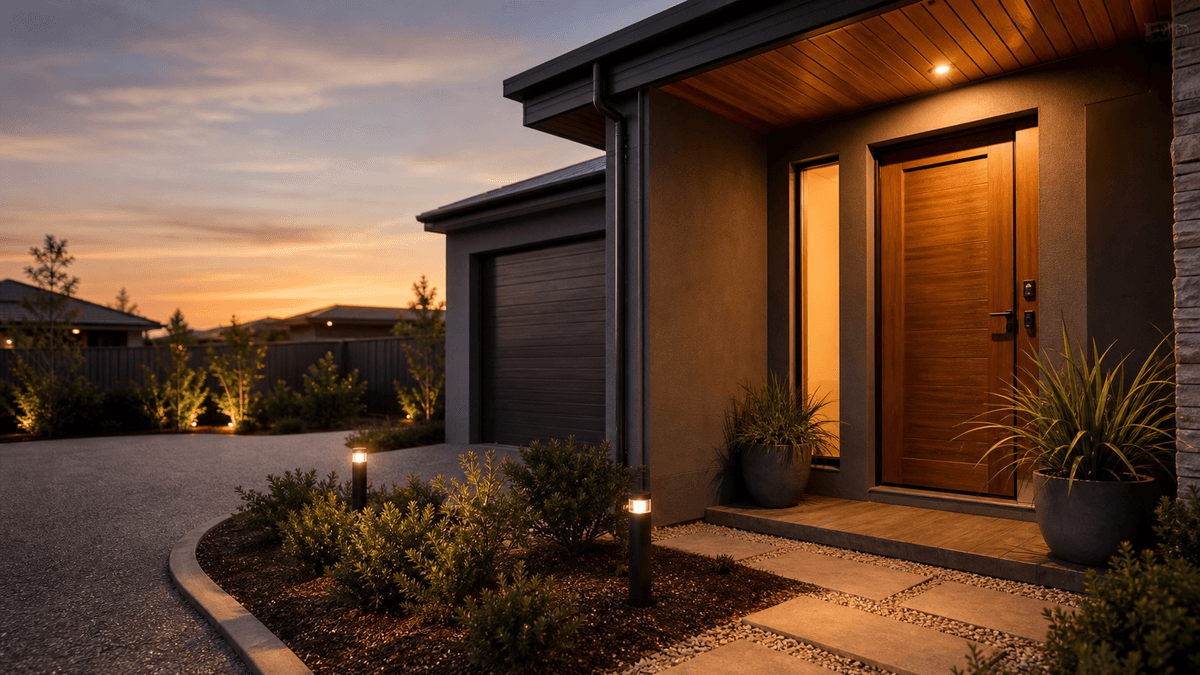Australian home front entry at dusk - the kind of entry point a payment-plan home security purchase is meant to protect