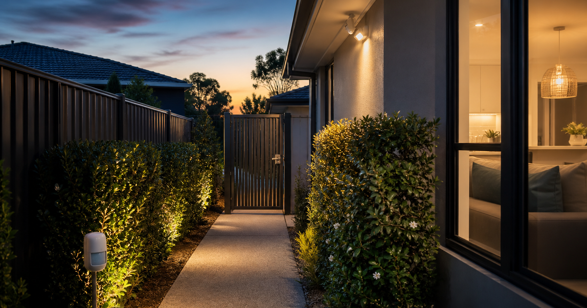 Australian side gate secured with lighting, trimmed shrubs and a wireless motion sensor before the back door