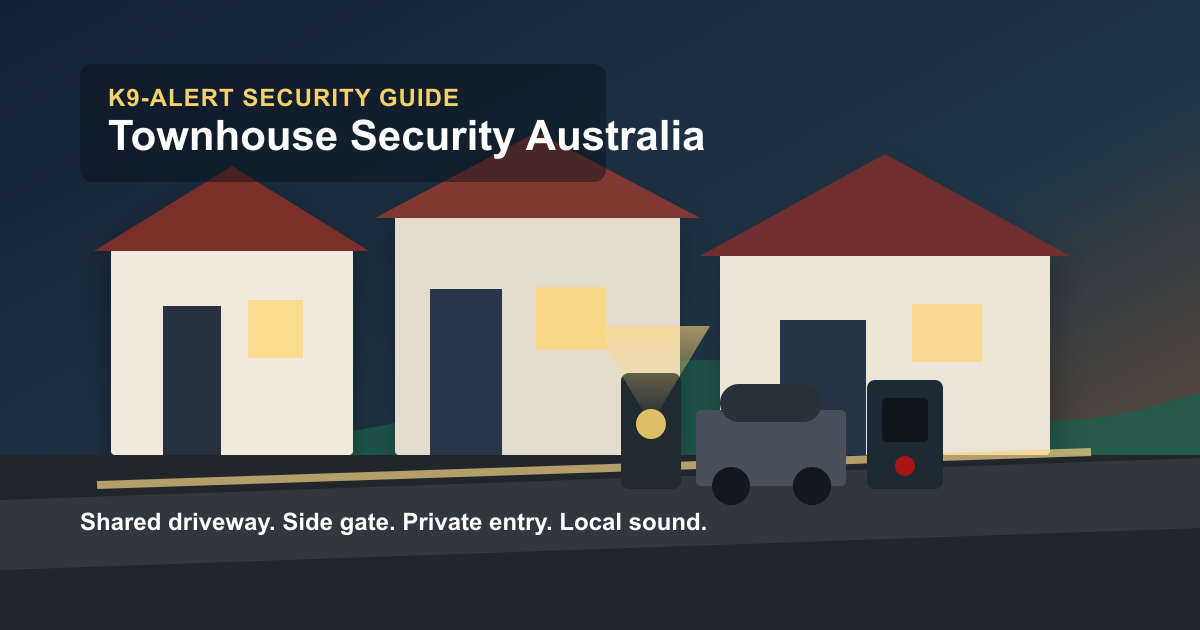 Australian townhouse shared driveway with lit garage entries, a locked side gate and a local motion-triggered sound layer