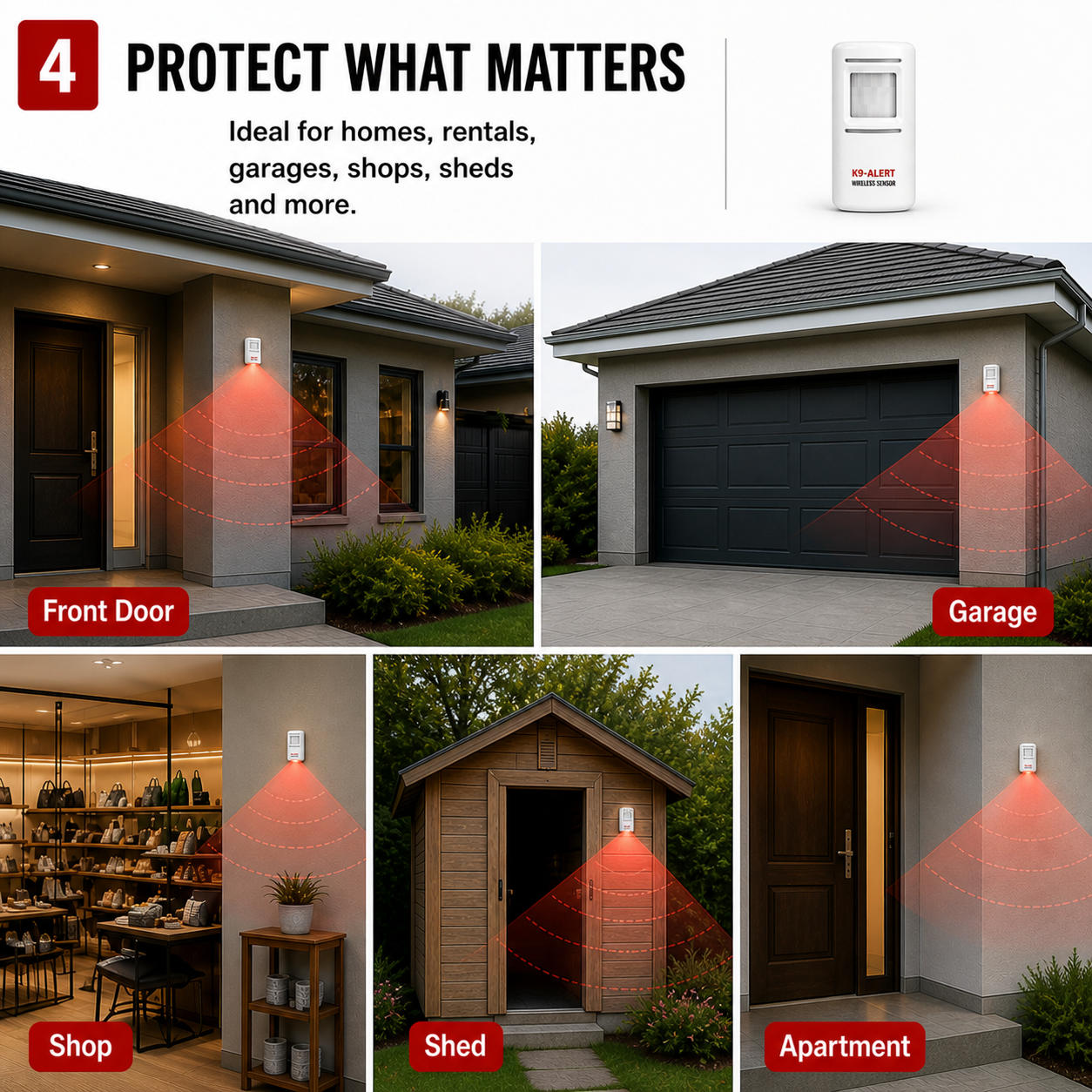 K9-Alert placement examples showing front door, garage, shop, shed and apartment entry points for the wireless motion sensor
