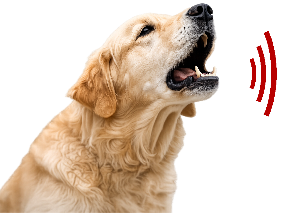 Dog barking with red sound waves representing a motion-triggered barking dog alarm