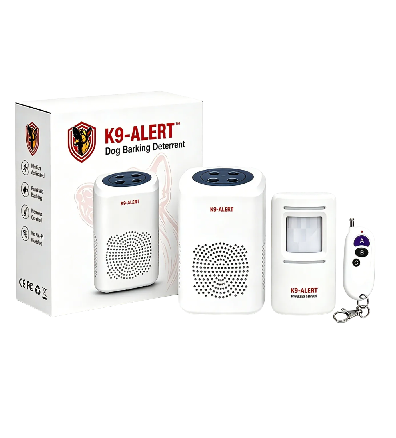 K9-Alert barking dog alarm kit — receiver, wireless sensor, remote control
