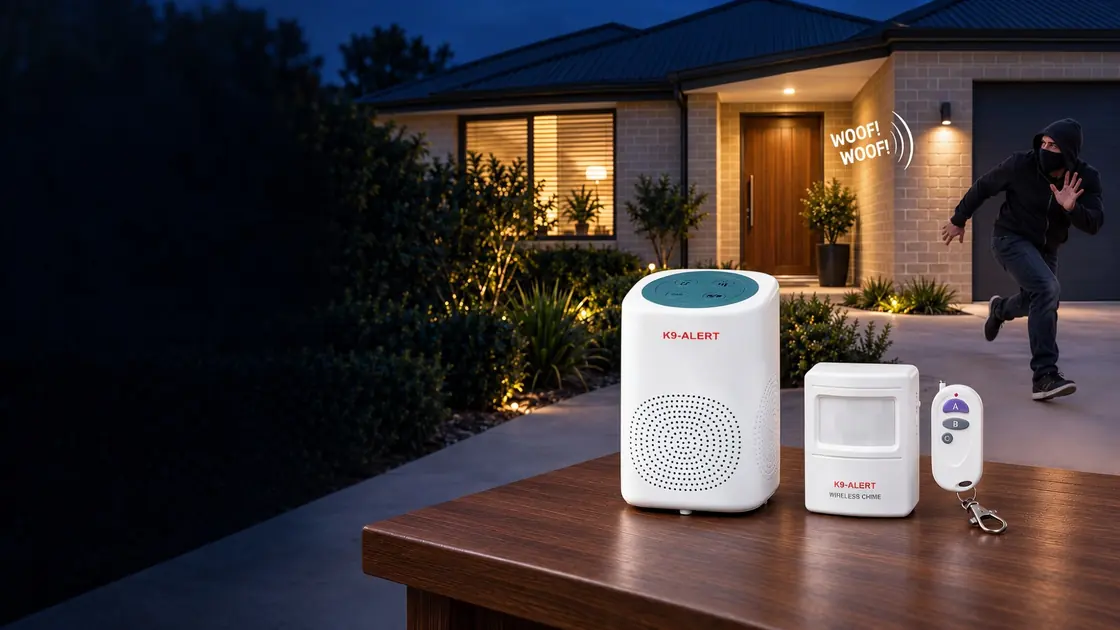 K9-Alert receiver, sensor and remote on an outdoor table at night while the receiver barks at someone approaching the house