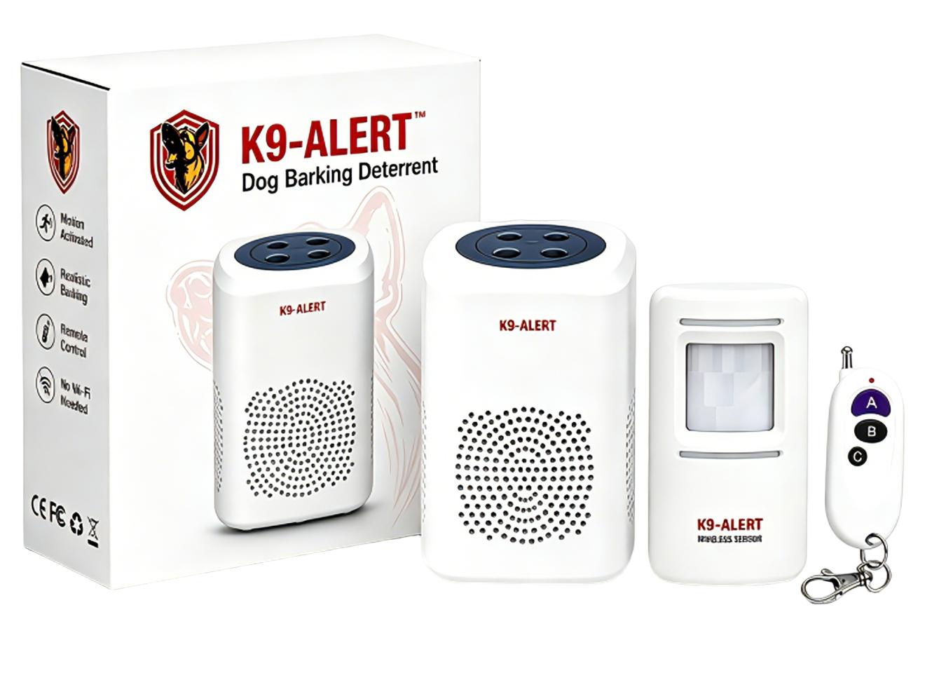 K9-Alert receiver, motion sensor, remote and product box