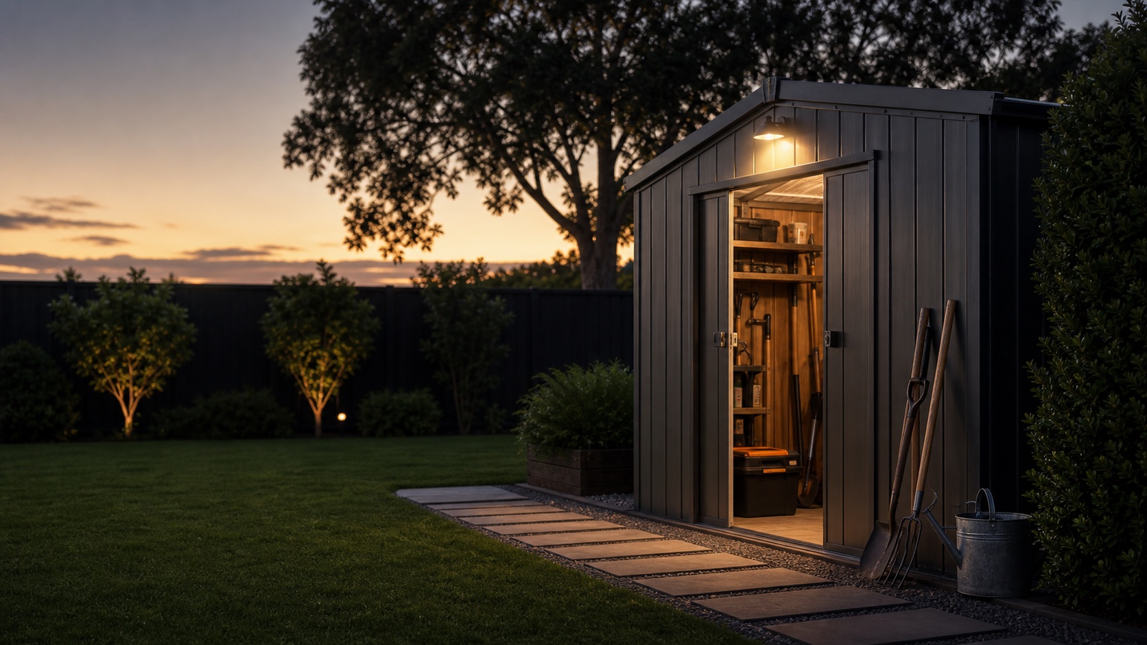 Backyard shed with K9-Alert barking deterrent placement